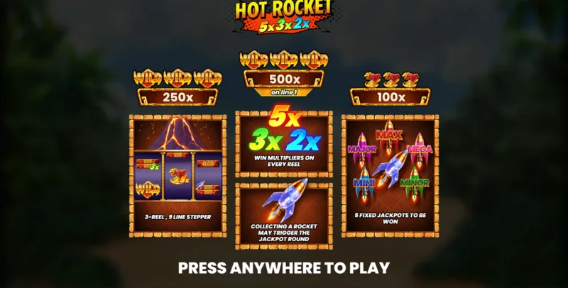 Hot Rocket 5x 3x 2x - menu principal com os rolos e o botão de girar